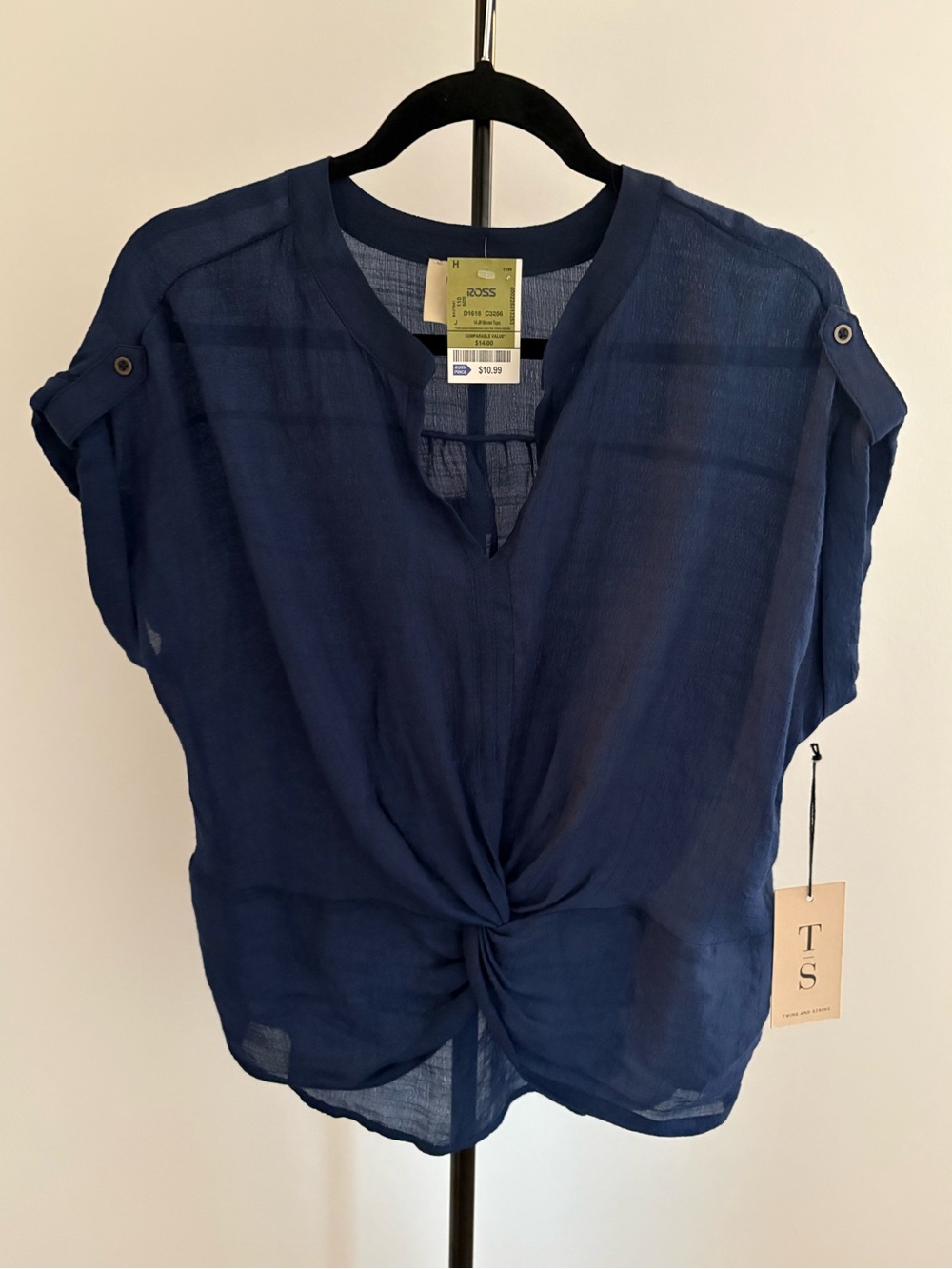 Twine and Steing Twist-Front Navy Short Sleeve Blouse